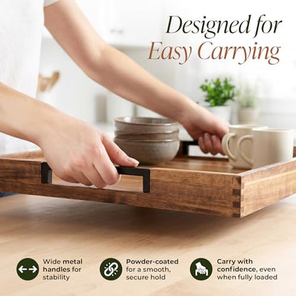 22" x 22" Large Square Acacia Wood Ottoman Tray with Extended Metal Handles, Oversized Decorative Serving Tray for Coffee Table, Ottoman, Breakfast in Bed & Living Room Decor