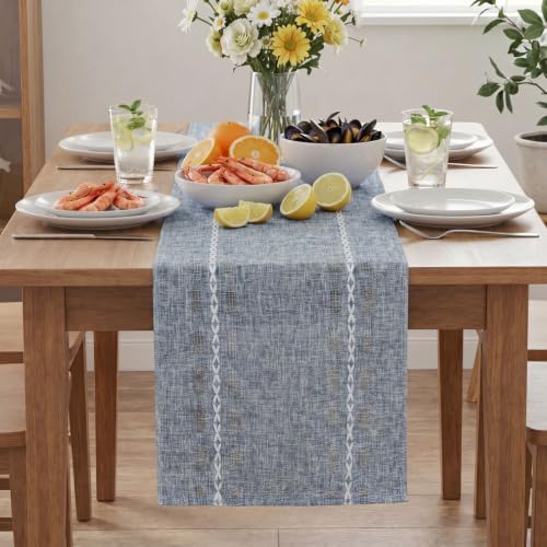 Artoid Mode Blue Embroidered Blend Farmhouse Hollow Table Runner, Seasonal Rustic Kitchen Dining Table Decoration for Home Party Decor 13x48 Inch - color: Blue, size: 13" x 48", Table Runner