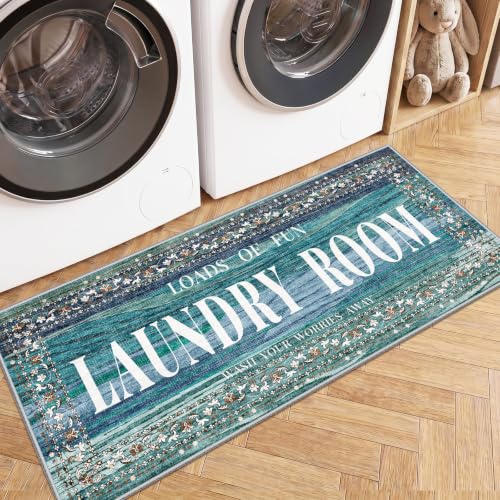 TOPRUUG Laundry Room Rug Runner 20"x47", Non Slip Waterproof Laundry Mat - color: Teal Blue, size: 1'8" x 4' (Rectangular)