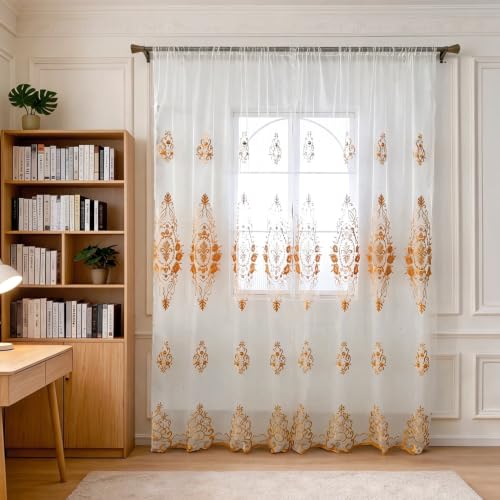 Amidoudou Rod Pocket Curtains European Luxury Sheer Embroidered Window Screening for Living Room Bedroom Tulle Curtains (Gold,52" W x 84" L (Pack of 2)) - color: Gold, size: 52"W x 84"L (Pack of 2)