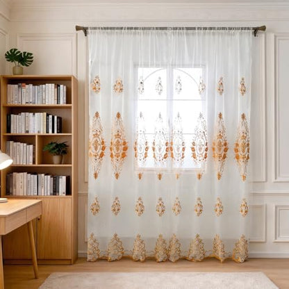 Amidoudou Rod Pocket Curtains European Luxury Sheer Embroidered Window Screening for Living Room Bedroom Tulle Curtains (Gold,52" W x 84" L (Pack of 2)) - color: Gold, size: 52"W x 84"L (Pack of 2)