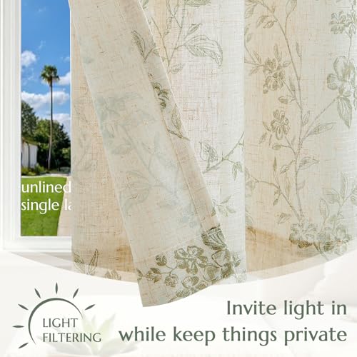 jinchan Green Floral Kitchen Tier Curtains Alisa 24 Inches Tie Top 2 Panles - color: Alisa Green on Linen, size: 26"W x 24"L (Pack of 2)