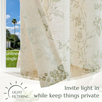 jinchan Green Floral Kitchen Tier Curtains Alisa 36 Inches Tie Top 2 Panles - color: Alisa Green on Linen, size: 26"W x 36"L (Pack of 2)