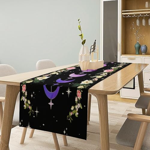 Moonflower Table Runner,Dreamy Starry Night Bohemian Flower Botanical Purple Moon Phase Stars Tabletop Restaurant Dining Kitchen Wedding Party 13x36 Inch - color: Moon Style-20, size: W13X L36