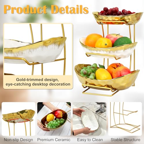 Fruit Bowl for Kitchen Counter, 3 Tier Gold Trim Ceramic Fruit Stand Basket for Countertop, Fruiti and Vegetable Rack with Thickened Metal Holder, Vegetable Dessert Nuts Storage (Gold) - color: Gold