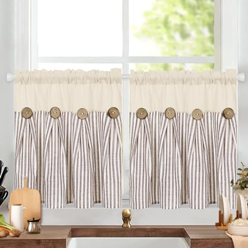 ASPMIZ Farmhouse Kitchen Curtains 24 Inch Length, Brown Stripe, 2 Panels - color: Beige&brown, size: 26"W x 24"L (Pack of 2)