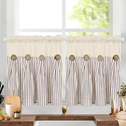 ASPMIZ Farmhouse Kitchen Curtains 24 Inch Length, Brown Stripe, 2 Panels - color: Beige&brown, size: 26"W x 24"L (Pack of 2)