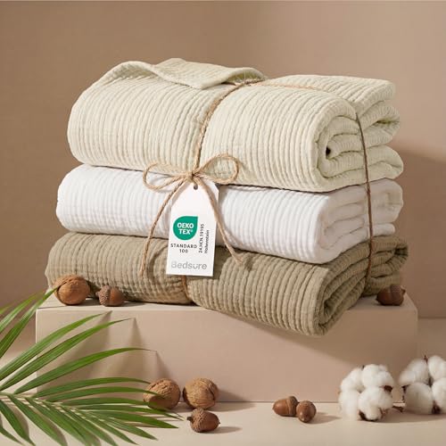Bedsure 100% Cotton Muslin Blanket Queen Size for Bed, 4-Layer, White - color: 03 - White, size: Queen (90" X 90")