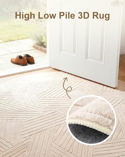 Carvapet 5.2ft Round Rug Beige Washable High Low Pile Carpet - color: Yarn Beige, size: 5.2' Round