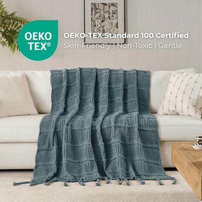 Boho Knitted Chenille Blanket with Tassels - Lightweight & Soft All-Season Throw - 3D Classic Pattern for Living Room Bedroom Couch, Celestial Blue, Queen 90"x90" - color: Celestial Blue, size: Queen