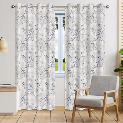 Blue & Gray Botanical Thermal Blackout Curtains 84 Inch Length 2 Panels Set - color: Delicate Foliage