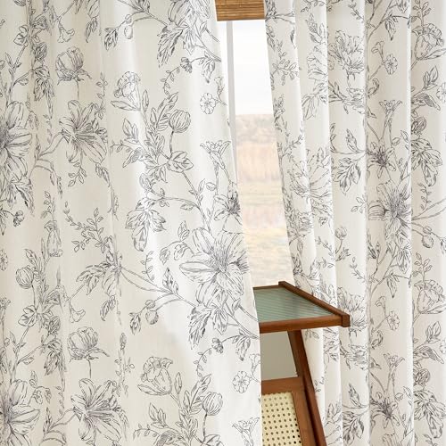 Linen Semi Sheer Curtains 96 Inches Long Pleated Black Floral Print Drapes - color: Black, size: 40"W x 96"L (Pack of 2)