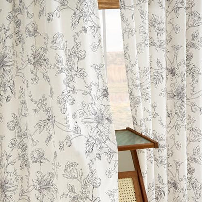 Linen Semi Sheer Curtains 96 Inches Long Pleated Black Floral Print Drapes - color: Black, size: 40"W x 96"L (Pack of 2)