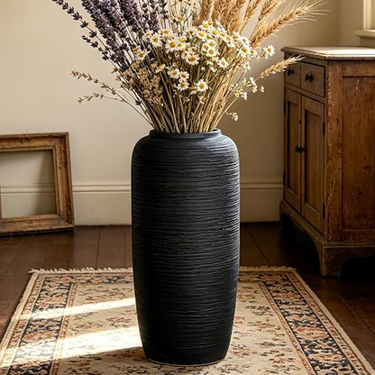 Black Rustic Ceramic Floor Vase, 15.7 Inch, Ribbed Texture - size: 15.7 Inch