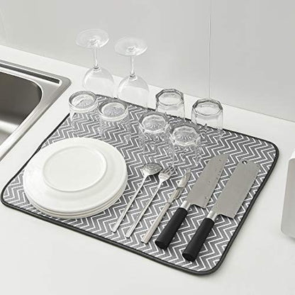 Dish Drying Mat for Kitchen Counter,Machine Washable Matt (Grey,Ripple - color: Ripple 2P 19.6*16.1