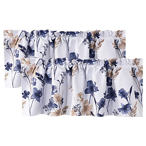 H.VERSAILTEX 100% Blackout Curtain Valances for Kitchen Windows 2 Panels Set Cattleya Floral Printed Leah Floral Thermal Insulated Rod Pocket Valances for Windows, 52" x 18", Navy/Taupe - color: Navy/Taupe, size: 52"W x 18"L (Pack of 2)