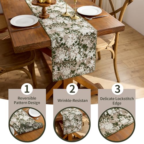 ORTIGIA Vintage Floral Fall Table Runner, Green Brown Chenille，13x48 Inch