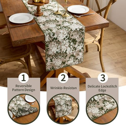 ORTIGIA Vintage Floral Fall Table Runner, Green Brown Chenille，13x48 Inch