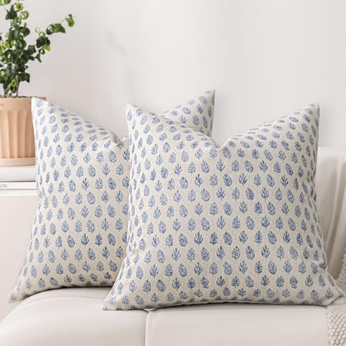 DWR Leaf Print Throw Pillow Covers 20x20 (Set of 2), Block Print Decorative Pillow Covers in Denim Blue, Neutral Faux Linen Cotton Blend, Vintage Style for Couch, Sofa, Bed, Living Room - color: Denim Blue, size: 20" x 20" (Pack of 2)