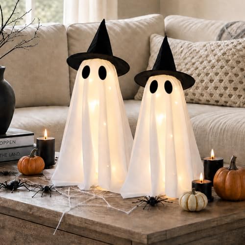 Halloween Decorations-Set of 2 Light-Up Ghosts with Witch Hats