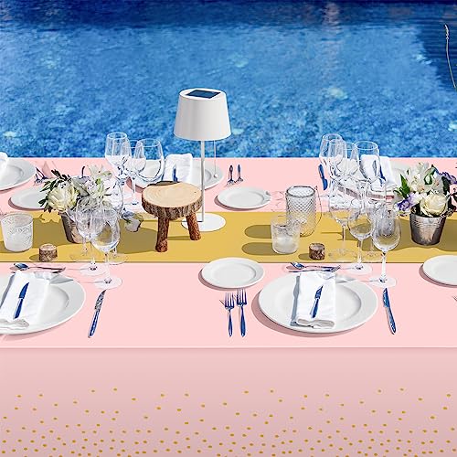 8Pack Disposable Plastic Tablecloths and Satin Table Runner Set Pink and Gold Dot Tablecloth Gold Satin Table Runner for Wedding Birthday Baby Shower Anniversary Christmas New Year Party Supplies - color: Pink and Gold, size: 8 Pack