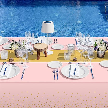8Pack Disposable Plastic Tablecloths and Satin Table Runner Set Pink and Gold Dot Tablecloth Gold Satin Table Runner for Wedding Birthday Baby Shower Anniversary Christmas New Year Party Supplies - color: Pink and Gold, size: 8 Pack