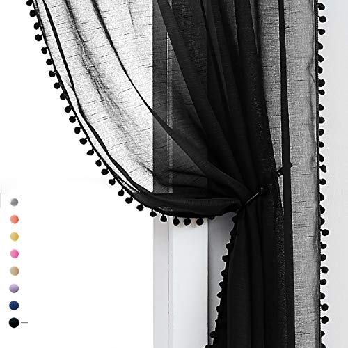Black Pom Pom Sheer Curtains for Bedroom 52x63" Voile Draperies Guest Room - color: Modern Black, size: 52"W x 63"L (Pack of 2)