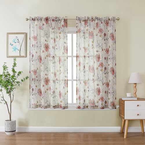 OWENIE Crushed Kitchen Window Curtains 45 Inches Length 2 Panels, Elegant Farmhouse Printed Short Semi Sheer Curtains for Cafe Bathroom Bedroom, Light Filtering Rod Pocket Curtain, 42Wx45L inch - size: 42"W x 45"L (Pack of 2)