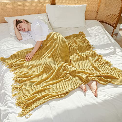 Blagic Knit Throw Blanket for Couch with Tassels,Mustard Yellow,50"x60" - color: D-mustard Yellow, size: 50 × 60 in