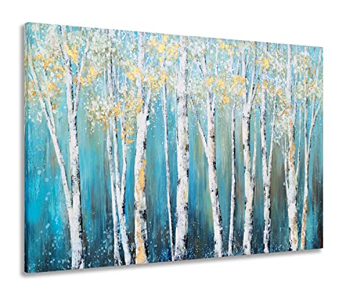 Yihui Arts Birch Tree Canvas Wall Art Hand Painted Teal and White Color Painting with Gold Foil Modern Forest Pictures for Living Room Bedroom Office Decoration - color: Teal Tree, size: 28"L x 20"W