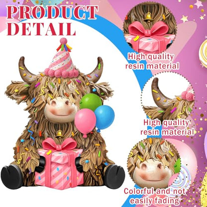 2 Pcs Resin Highland Cow Figurine Decor, Happy Birthday Theme - style: Happy Birthday