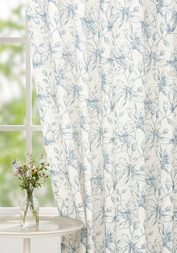 Floral Linen Curtains Light Filtering Vintage Farmhouse, Back Tab Rod Pocket Cottage Core Magnolia Print Drapes for Living Room Bedroom Dining Room, Navy Blue on Beige, 108 Inches, 2 Panels - color: Ella Blue on Linen, size: 52"W x 108"L (Pack of 2)