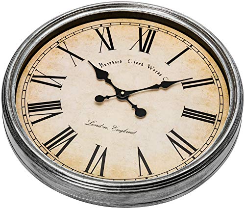 Bernhard Products Large Decorative Wall Clock 20 Inch Silent Non Ticking Battery Operated Quartz Vintage Stylish with Rustic Silver Rim for Home Living Room Dining Room Kitchen & Over Fireplace - style: Rustic Silver