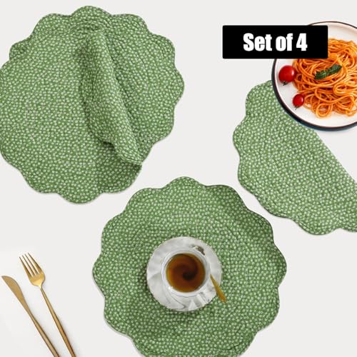 HOMBYS Quilted Placemats Set of 4 Washable Round Placemats for Kitchen Table-100% Cotton Fabric Round Table Mats, (Green with White Flower) - color: Green With White Flower