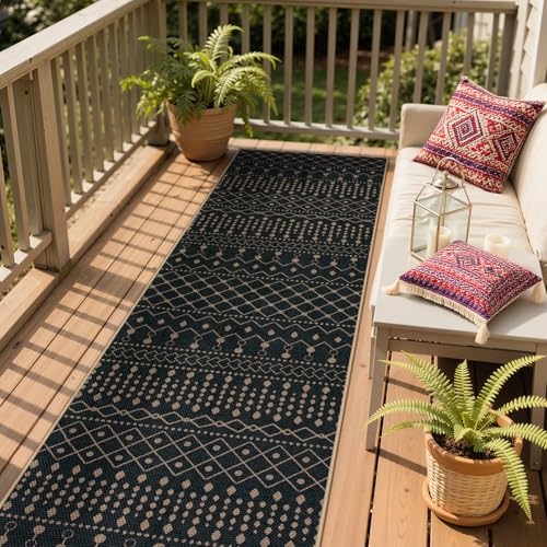 Lahome Moroccan Easy Jute Washable Runner Rug, 2x8 Black Kitchen Runner - color: Black Geometric Tribal, size: 2'6" x 8' (Runner)