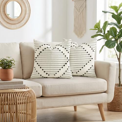 Mecatny Boho Outdoor Throw Pillow Covers 18x18 Set of 2 Beige & Black - color: Beige Black, size: 18" x 18" (Pack of 2)