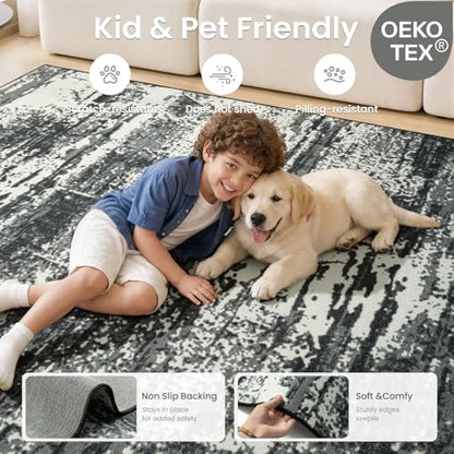 Merelax 5x7 Black White Washable Area Rug Non-Slip Faux Wool Abstract Rug - color: Black White, size: 5' x 7'(60''x84'')