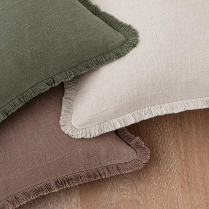 Linen Fringe Pillow Covers 18x18 Inch Set of 2,Light Olive Green - color: Light Olive Green, size: 18" x 18" (Pack of 2)