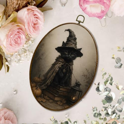 JQF Halloween Witchy Black Cat Oval Wall Decor Framed 8.5x11.5 Inch - color: fall cat-2