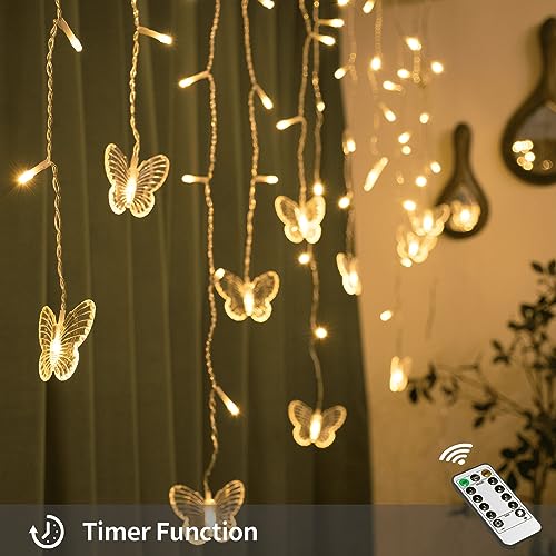 YOLIGHT Butterfly Curtain Lights 13ft 96 LED Fairy Light 8 Modes String Lights with Remote, Butterfly Hanging Decoration for Girls Room Bedroom Wall Ceiling Party Wedding Christmas (Warm White) - color: Warm White