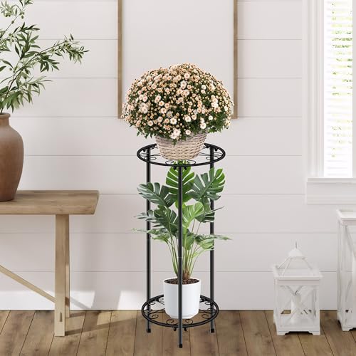 CASIMR Plant Stand Indoor Outdoor, Metal Rustproof Flower Shelf 2 Tier 23.9 inch, Tall Multiple Plant Pot Holder Rack for Garden Patio Living Room Corner Balcony, Black
