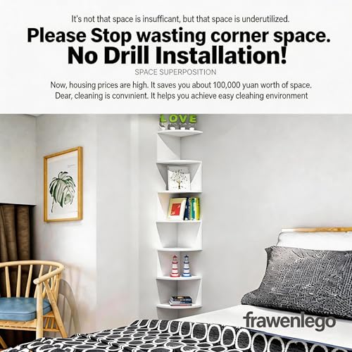No-Drill Corner Shelf Wall Mount, 7-Tier Thickened 12mm Floating Bookshelf with Hooks, Space-Saving Zigzag Plant Shelf for Bedroom, Living Room, Bathroom, Home Office - color: Premium White