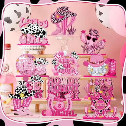 Marsui 12 Pcs Pink Cowgirl Party Decorations Western Table Wood Centerpiece - style: Cowgirl