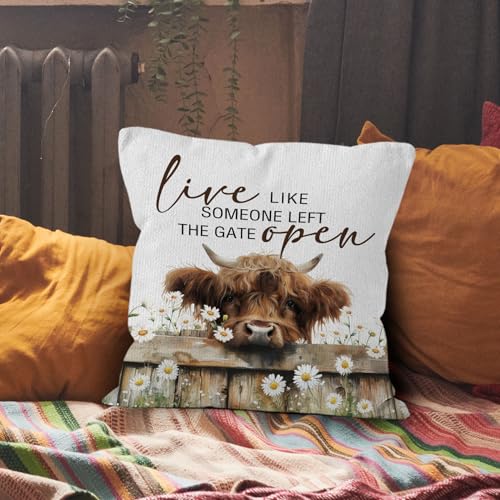 Highland Cow Throw Pillow Covers 18x18,Farmhouse Western Animal Cows Pillow Covers for Home Bedroom Couch, Live Like Someone Left the Gate Open, Highland Cow Gifts - color: 0-highland Cow-4