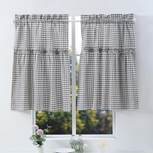 Silnuo 2 Pack Gray/White Plaid Gingham Ruffle Window Valance 26" W x 36" L - color: Grey/White, size: 26"W x 36"L (Pack of 2)