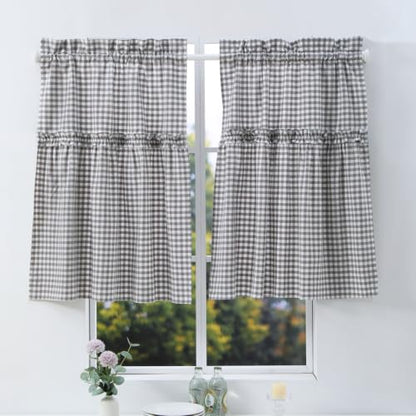 Silnuo 2 Pack Gray/White Plaid Gingham Ruffle Window Valance 26" W x 36" L - color: Grey/White, size: 26"W x 36"L (Pack of 2)