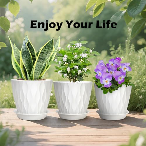 GARDIFE 7 Pack Plant Pots 4-7 inch with Drainage Holes and Tray, White - color: White