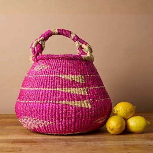 African Bolga Harvest Basket with Handle, 16-Inch Geometric Pink Woven Market Basket for Garden Vegetables, Shopping and Storage - size: Geometric Pink