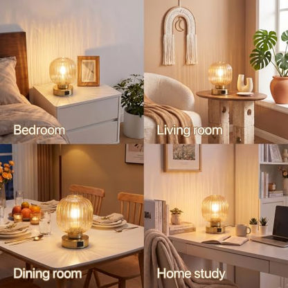 Elenhome Touch Small Table Lamp,Elegant Gold Glass Bedside Lamp 3 Way Dimmable with USB C+A Charging Ports - Bedroom Nightstand & Living Room Essential, 4W Bulb Included (Gold) - color: Gold