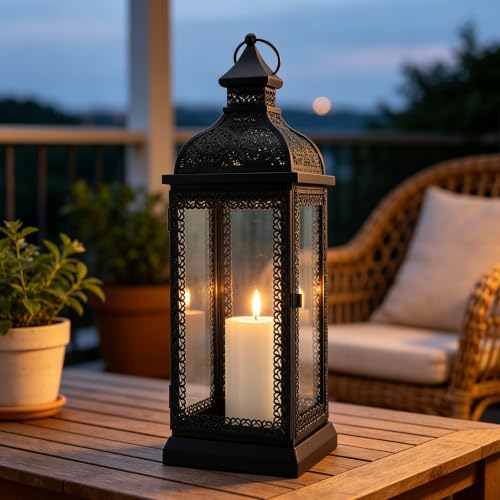 TRIROCKS Rustic Style Metal Candle Lantern 19'' High Decorative Hanging Lantern Candle Holder with Tempered Glass for Christmas Living Room Garden Yard Patio Parties Events Indoors Outdoors(Black) - color: Black, size: 19''H